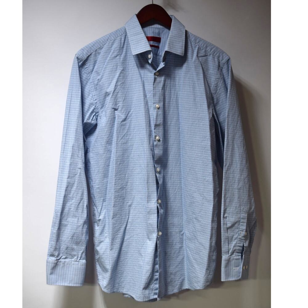 Hugo Boss Blue Micro Check Dress Shirt Slim Fit Size 16L